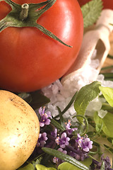 Image showing cut fresh herbs and vegatables