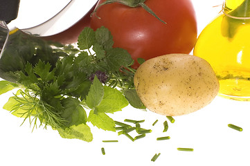 Image showing cut fresh herbs and vegatables