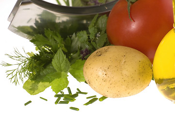 Image showing cut fresh herbs and vegatables