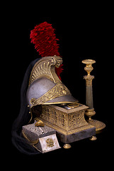 Image showing  French helmet, inkstand and candlestick composition