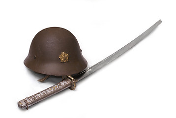 Image showing Japanese sergeant's sword and battle helmet