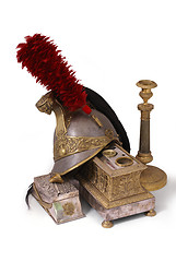 Image showing Composition with French helmet, inkstand and candlestick