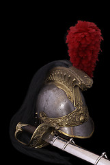 Image showing Composition with saber (sabre) and French cuirassier helmet