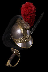 Image showing French saber (sabre) and cuirassier helmet