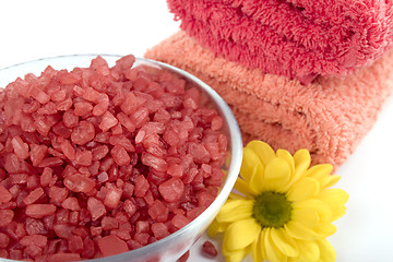 Image showing bath salt, towels and flower