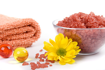 Image showing bath salt, towels and flower