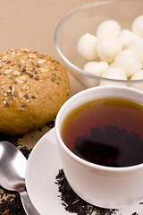 Image showing tea, mozzarella and bread