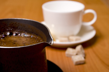 Image showing coffee-maker, cup and sugar