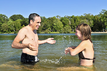 Image showing Family splashing in lake