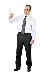 Image showing Businessman with paper airplane