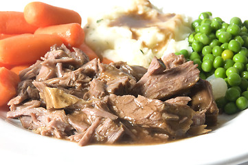 Image showing pot roast dinner mashed potatoes carrots green peas