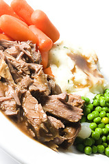 Image showing pot roast dinner mashed potatoes carrots green peas