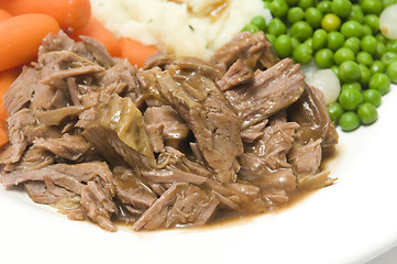 Image showing pot roast dinner mashed potatoes carrots green peas