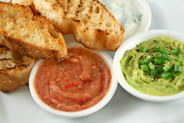 Image showing Three Dips And Turkish Bread
