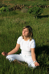 Image showing young blond woman doing yoga on the grass