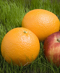 Image showing oranges and apple on grass