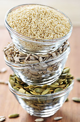 Image showing Stacked bowls of seeds