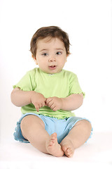 Image showing Sitting baby in lime and aqua