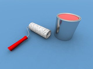 Image showing paint roller and red paint can