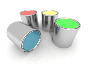 Image showing blue, red, yellow and green paint cans