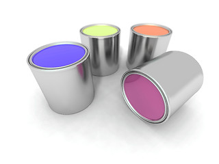 Image showing blue, yellow, orange and purple paint cans