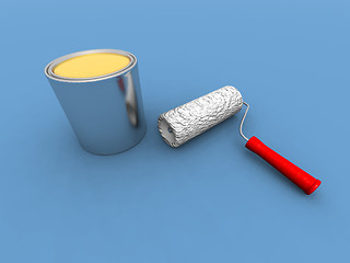 Image showing paint roller and yellow paint can