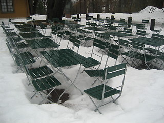 Image showing Empty outdoor cafe at wintertime