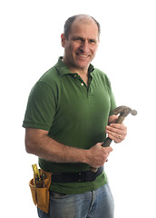 Image showing contractor repairman with tool belt and hammer