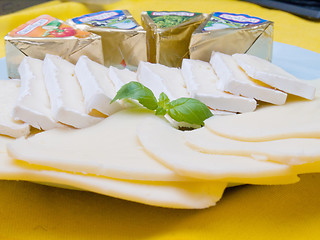 Image showing Assortment of delicious cheese on a cheese board