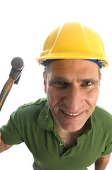 Image showing contractor repairman with tool belt and hammer