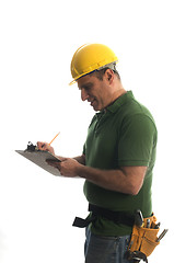 Image showing contractor repairman with tool belt and hammer