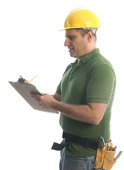 Image showing contractor repairman with tool belt and hammer