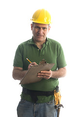 Image showing contractor repairman with tool belt and hammer