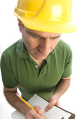 Image showing contractor repairman with tool belt and hammer