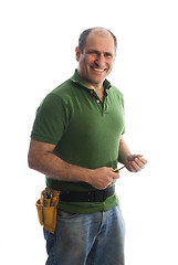 Image showing contractor repairman with tool belt and hammer