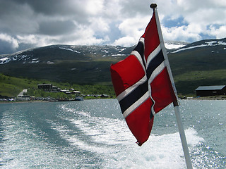 Image showing Norwegian flag on a stern of a boat 