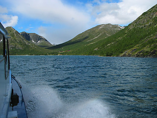 Image showing View of Gjende lake from the deck of a boat