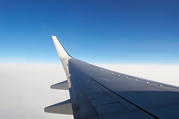 Image showing Airplane wing above the clouds 