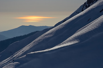 Image showing sunset landscape with mountains and sea