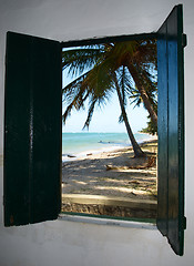 Image showing Tropical beach in Brazil seen through a window church