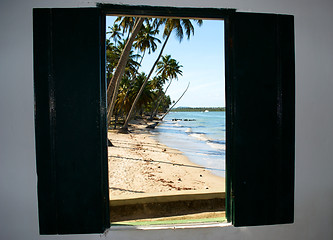 Image showing Tropical beach in Brazil seen through a window church