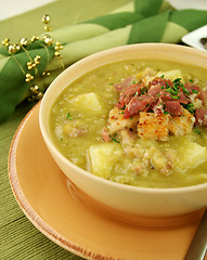Image showing Pea And Ham Soup With Croutons