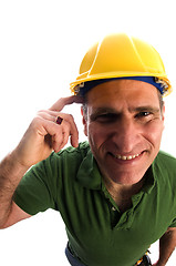 Image showing contractor repairman with tool belt and hammer