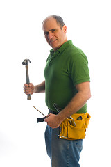 Image showing contractor repairman with tool belt and hammer