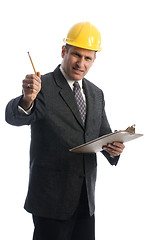 Image showing excited contractor with clipboard