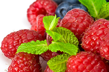 Image showing Blueberry and rasperry with mint leaves