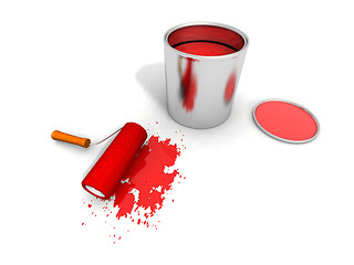 Image showing paint roller, red paint can and splashing