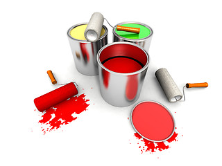 Image showing roll painters, color cans and splashing