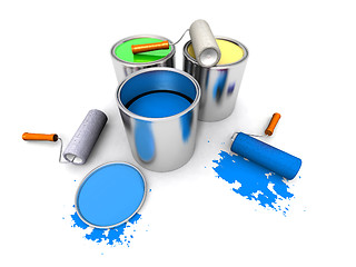 Image showing roll painters, color cans and splashing