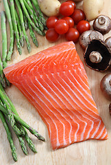 Image showing Raw salmon and vegetables